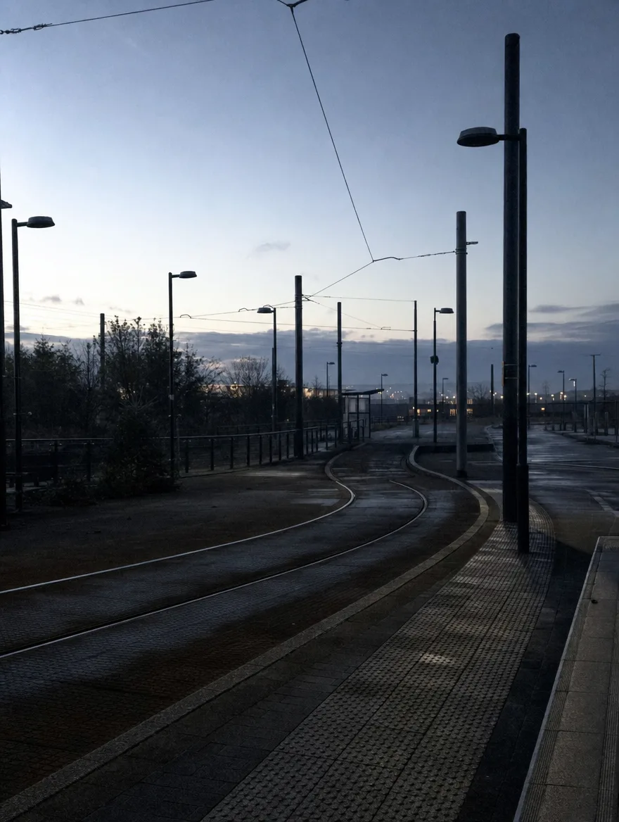Tory zawracają na pętli, latarnie zgaszone, świt.